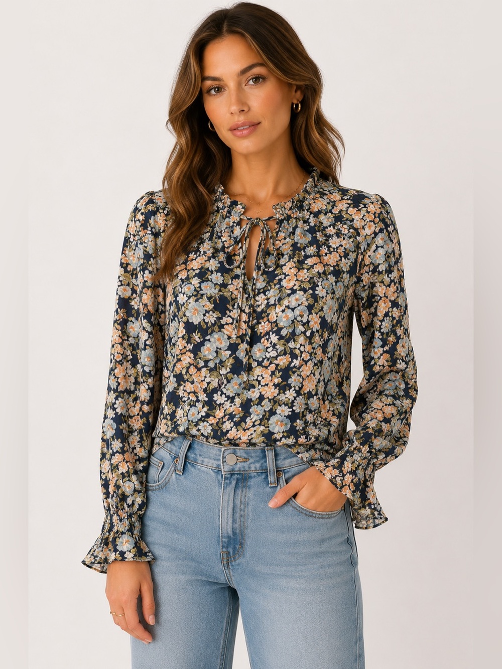 Boho CeCe Romantic Floral Tie Neck Frill Blouse Cottagecore Boho Top Size Small